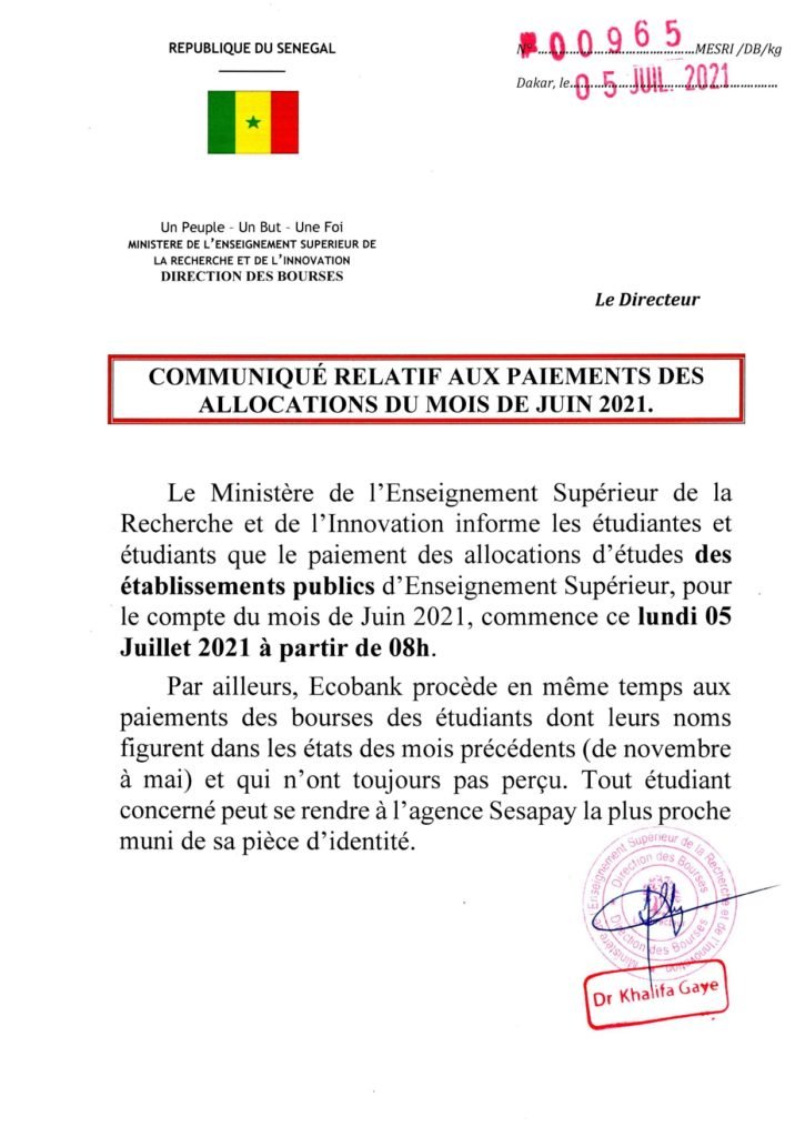 PAIEMENTS DES BOURSES DU MOIS DE JUIN 2021.